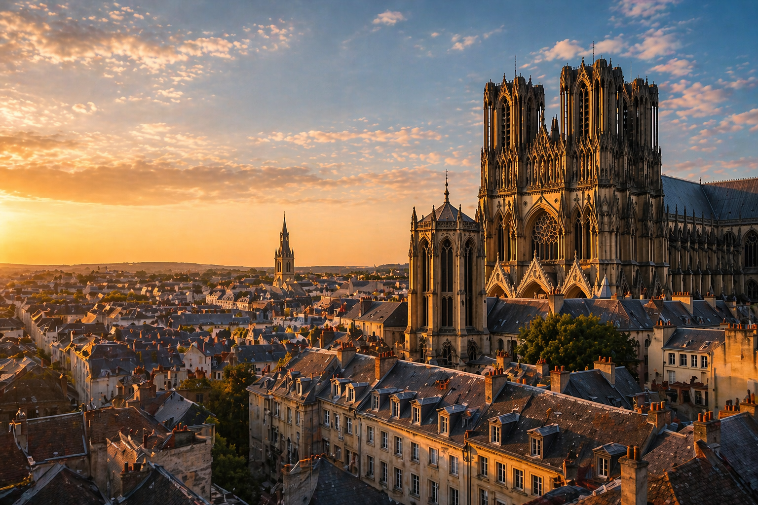 Cathédrale de Reims et toitures au coucher du soleil